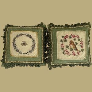 Set of 2 Handcraft Needlepoint Accent Pillows C&F Bird in Red Currant NWT $285